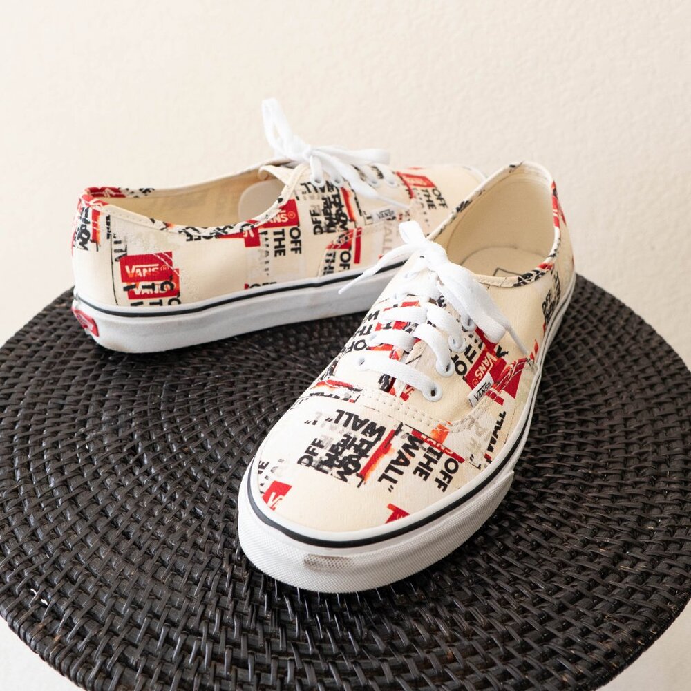 Vans Off The Wall Packing Tape Print Sneakers Mens 10.5 Cream Red Canvas Shoes - Picture 2 of 9